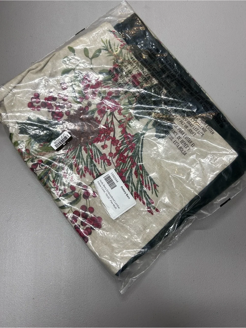 Pottery Barn Holly Berry Embroidered Lumbar Pillow Cover Solid Green Back NWT
